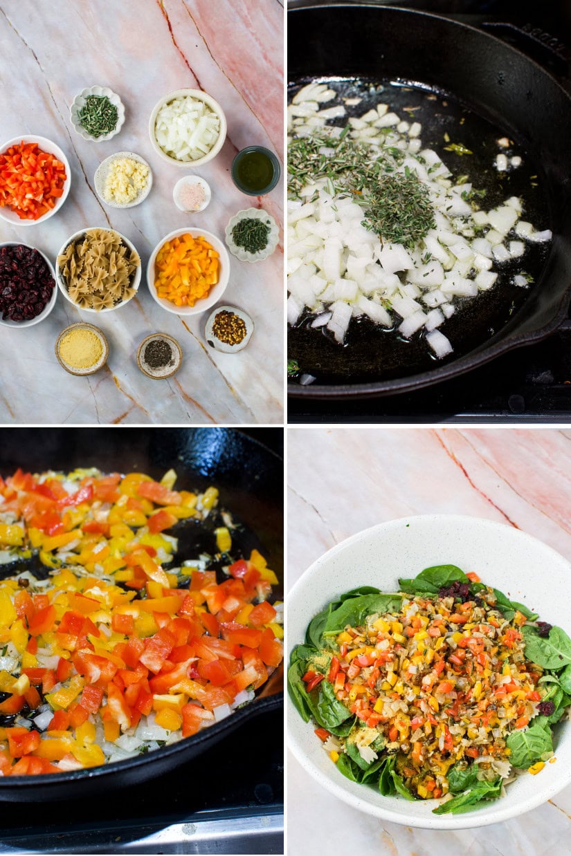 Four images show: bowls of chopped veggies and spices; onions, herbs, and oil cooking in a pan; diced peppers sautéing; and a bowl of fresh spinach topped with the colorful cooked vegetable mixture.