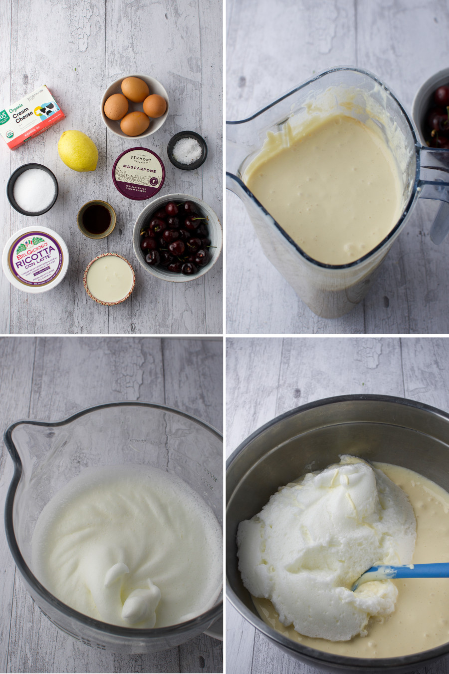 Four images showing steps of a recipe: Ingredients in bowls and containers, blended batter in a pitcher, whipped egg whites in a bowl, and egg whites being folded into the batter with a spatula.Cherry Cheesecake with Cherry Compote