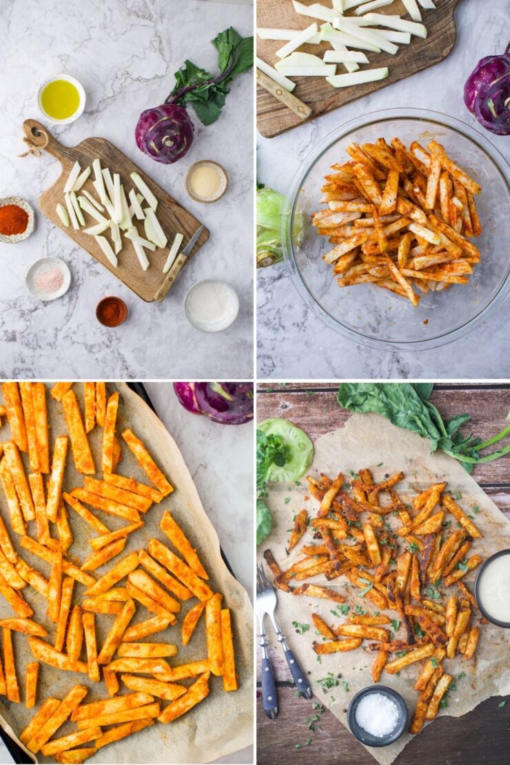 Four images show the process of making Crispy Kohlrabi Fries: slicing potatoes, seasoning them in a bowl, arranging coated fries on a baking tray, and serving the baked fries with dip and herbs.