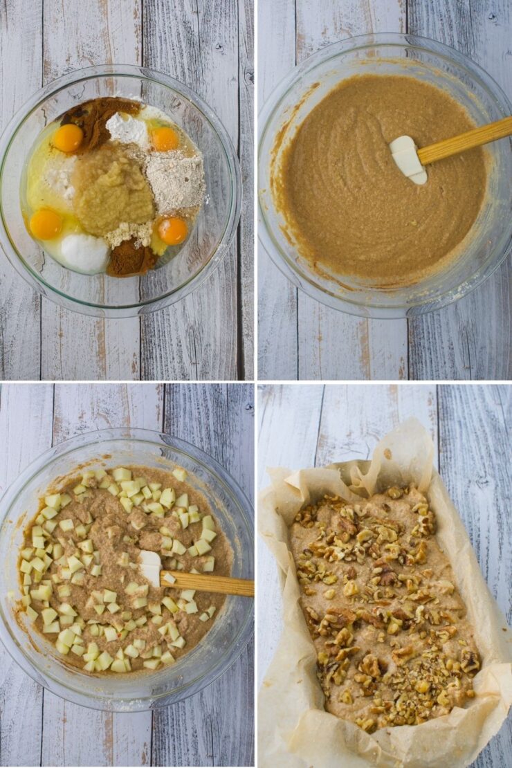 Four panels show: 1) baking ingredients in a bowl, 2) batter mixed with a spatula, 3) diced apples being stirred in, 4) batter in a parchment-lined pan topped with nuts, ready to bake.