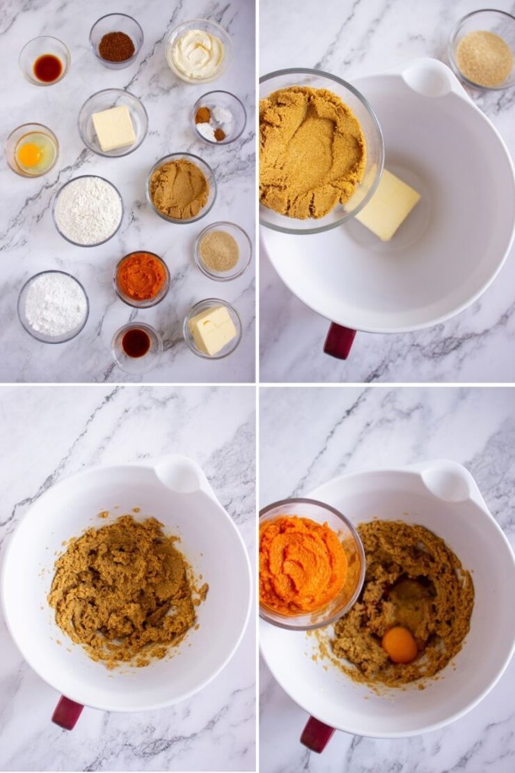Four panels showing ingredients in small glass bowls, followed by steps to mix butter, brown sugar, pumpkin puree, and an egg in a large white mixing bowl. Pumpkin Tiramisu Cookies (Gluten-Free)