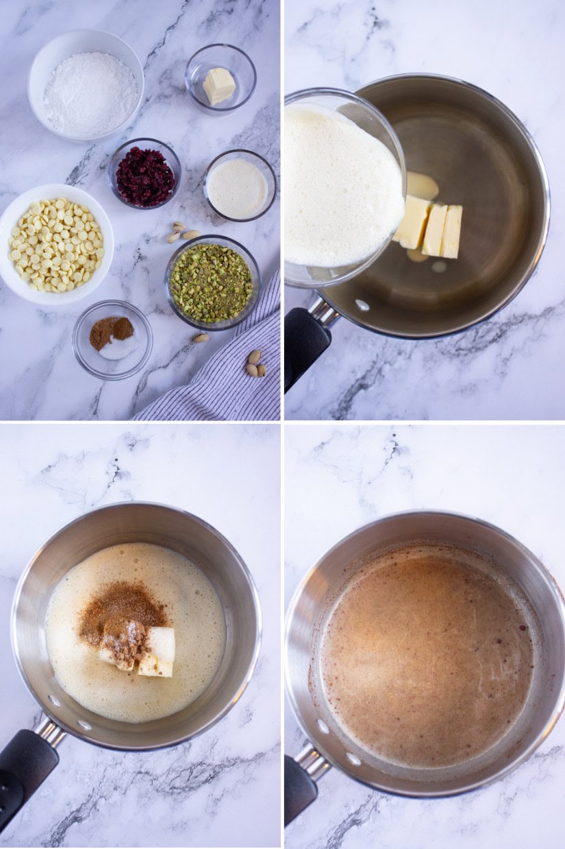 Four images: bowls of ingredients on a marble surface; a saucepan with butter and liquid being poured in; the same pan with spices and sugar added; and the final image showing the mixture combined and bubbling.