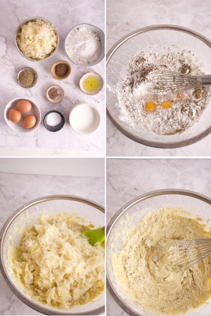 Four-panel collage: bowls of ingredients (sauerkraut, spices, flour, eggs, oil, milk, salt, pepper); whisking eggs and dry ingredients; mixing in sauerkraut; and a bowl of blended sauerkraut batter on a marble surface.