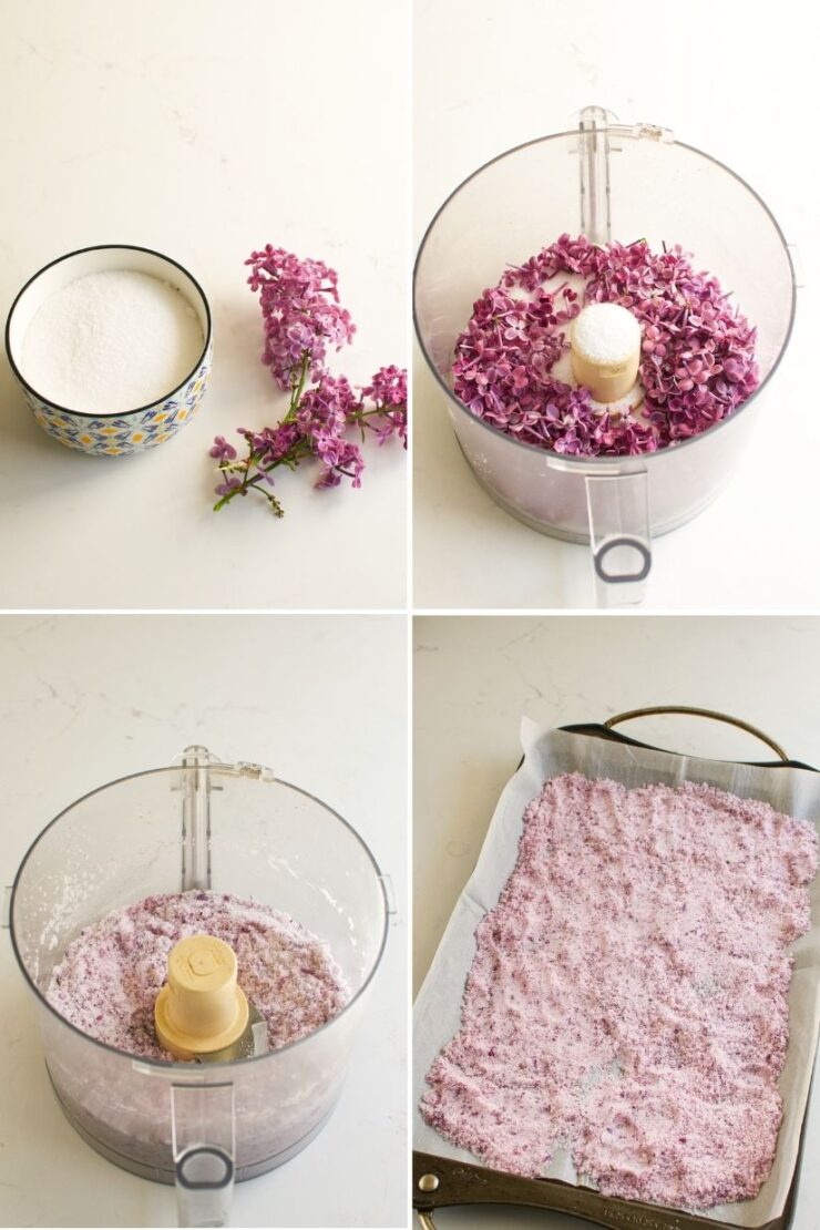 Four images show the process of making lilac sugar: sugar and lilac flowers in a bowl; both placed in a food processor; the mixture blended together; and the pink mixture spread on a baking tray lined with parchment paper.