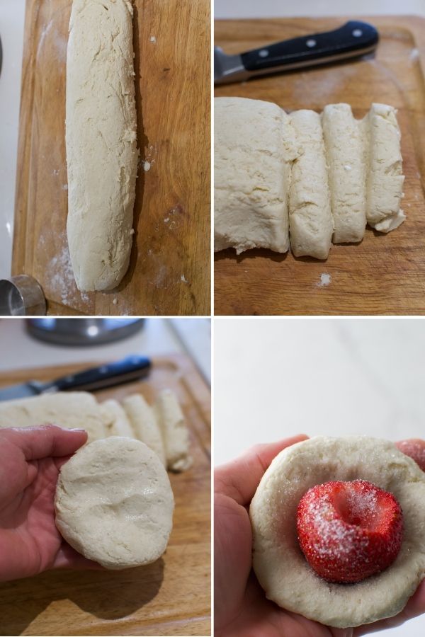 Four-step collage showing dough being shaped: a dough log on a wooden board, dough sliced into pieces, a hand pressing a dough piece flat, and a strawberry being placed onto the flattened dough.