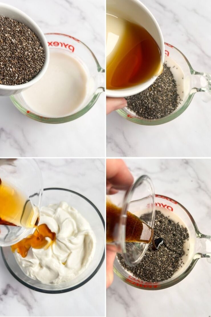 Four-panel image showing chia seeds being poured into a measuring cup of milk, maple syrup being added to the mixture, syrup being poured over yogurt, and syrup being added to a chia seed mixture in a glass container.