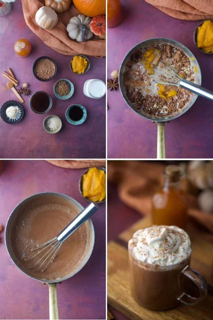 Four images: ingredients for pumpkin spice hot chocolate arranged on a table; the ingredients being mixed in a saucepan with a whisk; the blended mixture in the saucepan; and a finished mug topped with whipped cream and cinnamon.