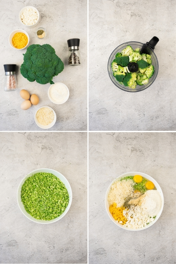 Four images show steps of a broccoli recipe: 1) Ingredients including broccoli, eggs, cheese, salt, pepper; 2) Broccoli in a food processor; 3) Finely chopped broccoli in a bowl; 4) Chopped broccoli, eggs, and cheeses mixed in a bowl.