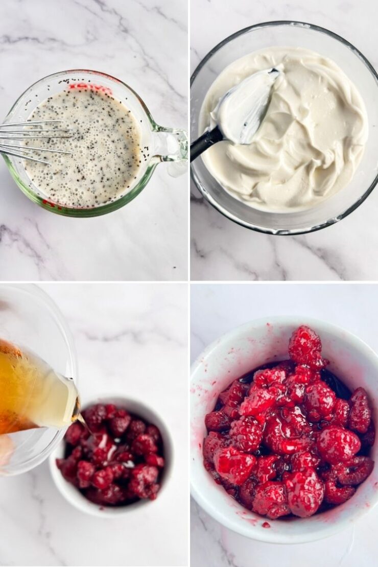 Four images: whisked dressing with poppy seeds in a measuring cup, creamy mixture in a bowl with a spoon, liquid being poured over fresh raspberries, and raspberries coated in a glossy sauce in a white bowl.
