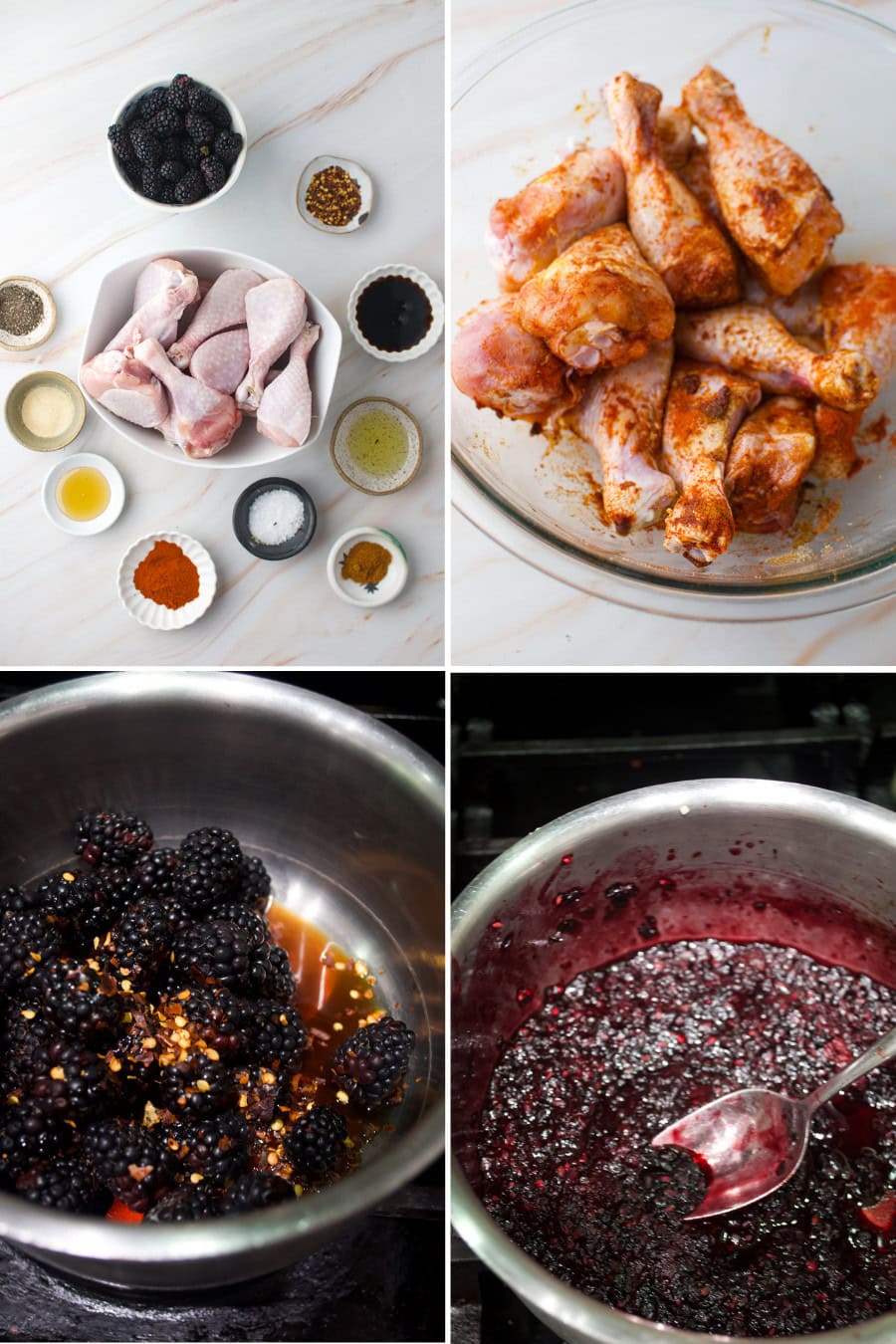 A four-panel image shows: raw chicken legs with spices; chicken legs coated in spice mix; blackberries and spices in a pot; and a pot with bubbling blackberry sauce being mixed with a spoon.