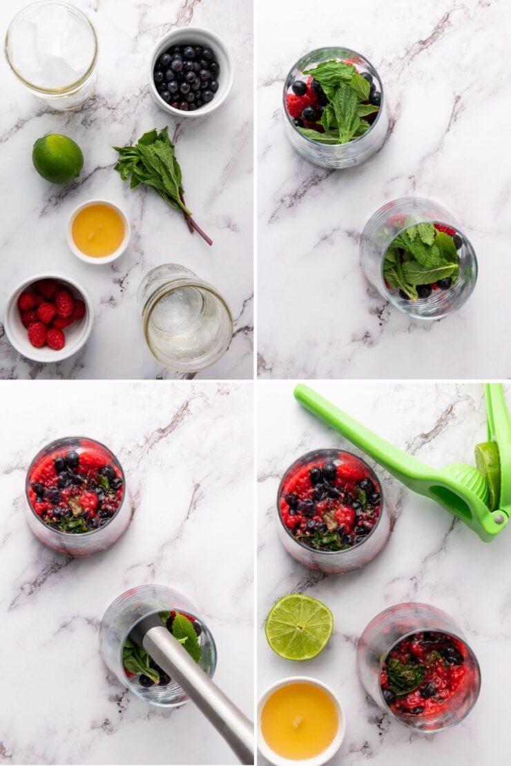 Four steps of making a berry mojito: berries, mint, lime, and ingredients are gathered, combined in a glass, muddled together, lime is juiced, and everything is mixed in the final image.