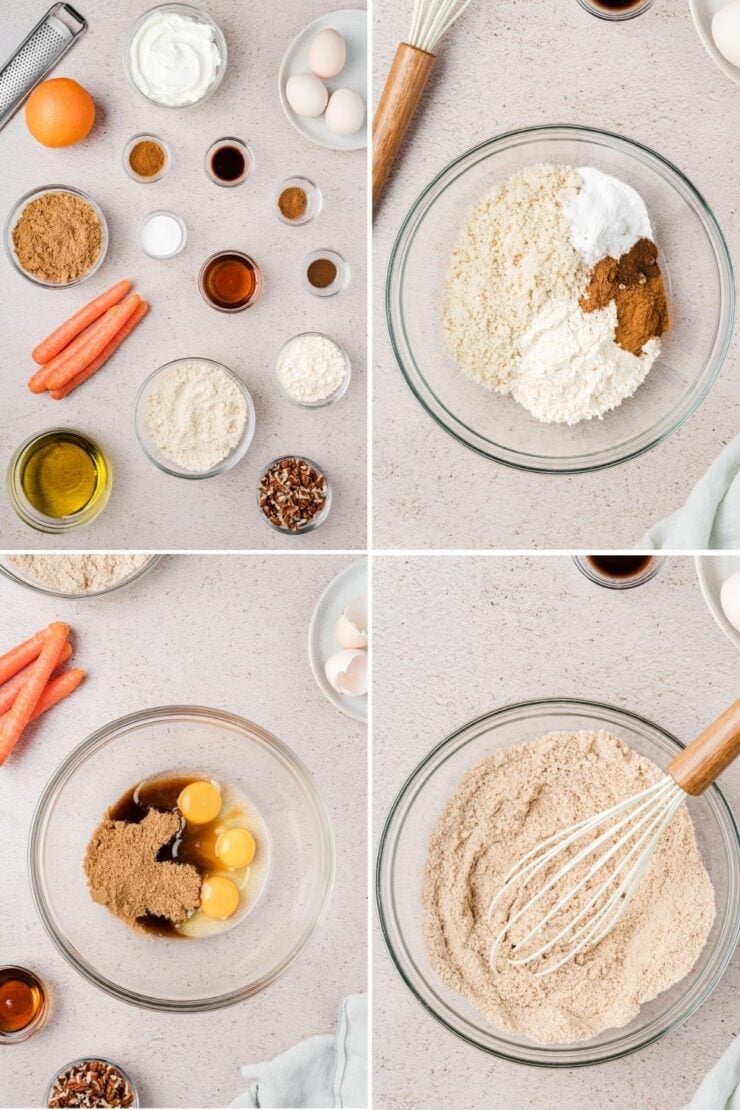 Four images show carrot cake ingredients measured in bowls, mixing bowls with dry ingredients, eggs and sugar, and a whisk blending the mixture on a light countertop.