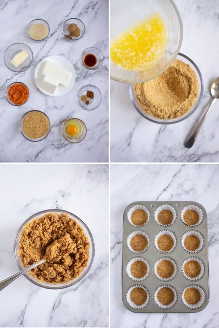 Four images show cheesecake ingredients, melted butter being mixed with crumbs, crumb mixture in a bowl, and filled cupcake liners in a muffin tin, all on a white marble surface.
