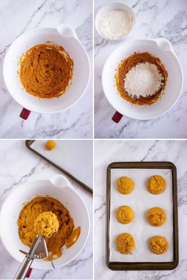 A four-panel collage showing the process of making cookies: mixing batter, adding flour, scooping dough, and baking six finished cookies on a tray.Pumpkin Tiramisu Cookies (Gluten-Free)