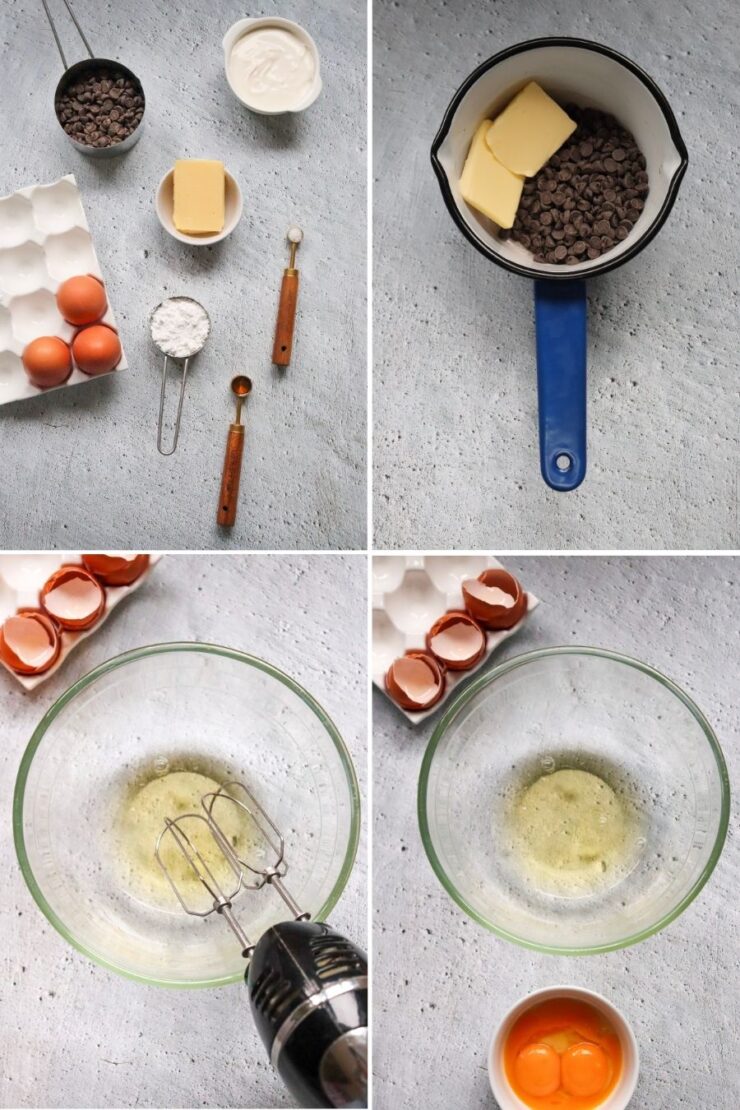 A four-step collage shows baking ingredients, melting chocolate and butter in a pan, egg whites being beaten with a mixer, and egg yolks in a bowl with eggshells beside.
