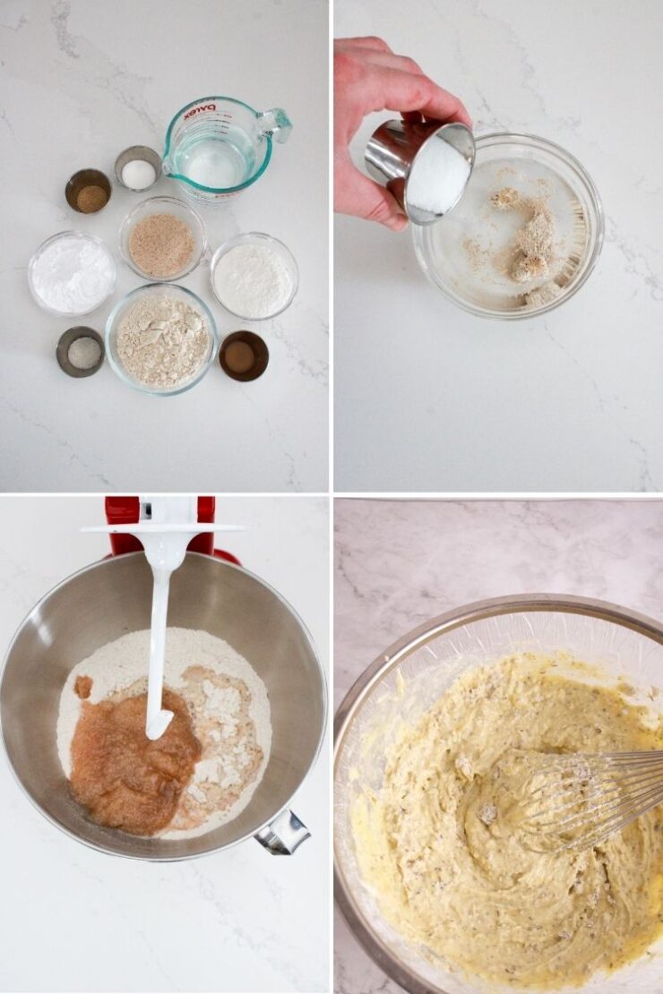 Four images show: 1) Ingredients in bowls on a counter, 2) Hand pouring a cup of sugar into a bowl, 3) Mixing wet and dry ingredients in a stand mixer, 4) A whisk mixing thick batter in a clear bowl.