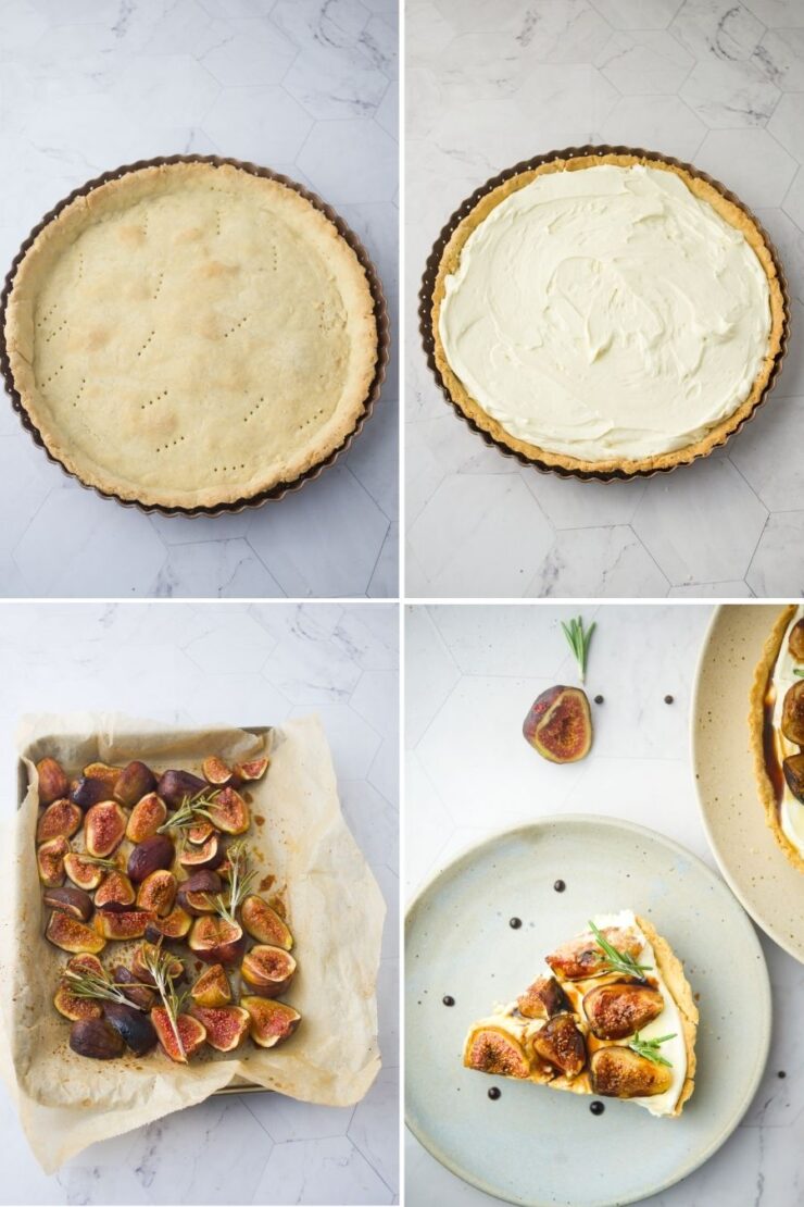 A four-panel image showing: (1) a baked tart crust, (2) crust spread with cream, (3) sliced figs on parchment paper, and (4) a plate with a fig tart slice garnished with rosemary.