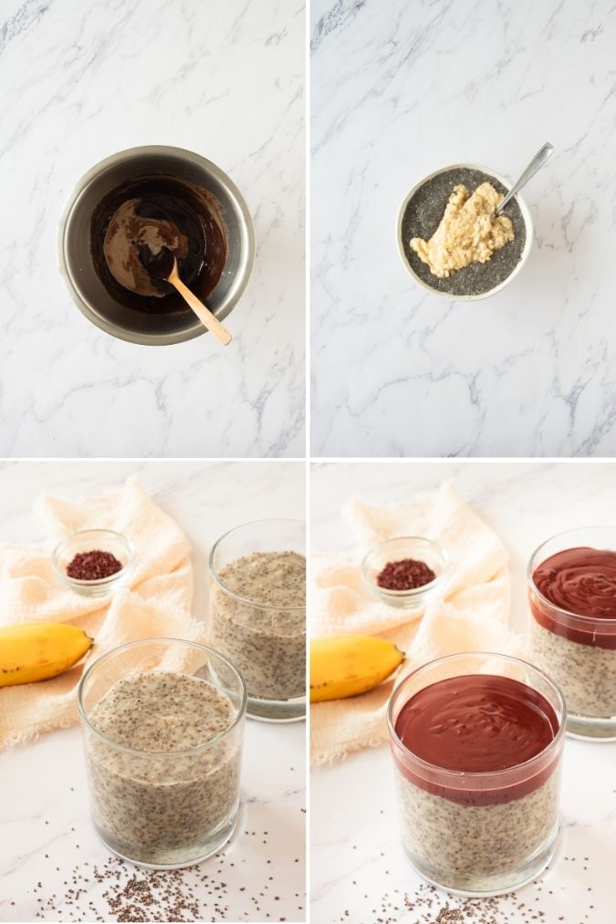 A four-panel image shows the step-by-step process of making chia pudding: mixing chocolate, blending chia seeds with banana, and layering the mixture in glasses with chocolate topping. A banana and chia seeds are visible in the background.