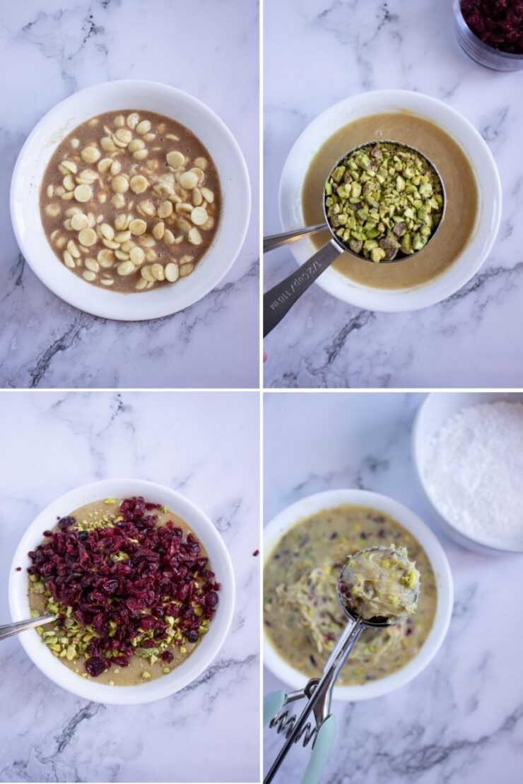 Four-step collage showing a bowl of cookie dough with white chocolate chips, then chopped pistachios being measured, dried cranberries added, and finally, dough being scooped with a cookie scoop.