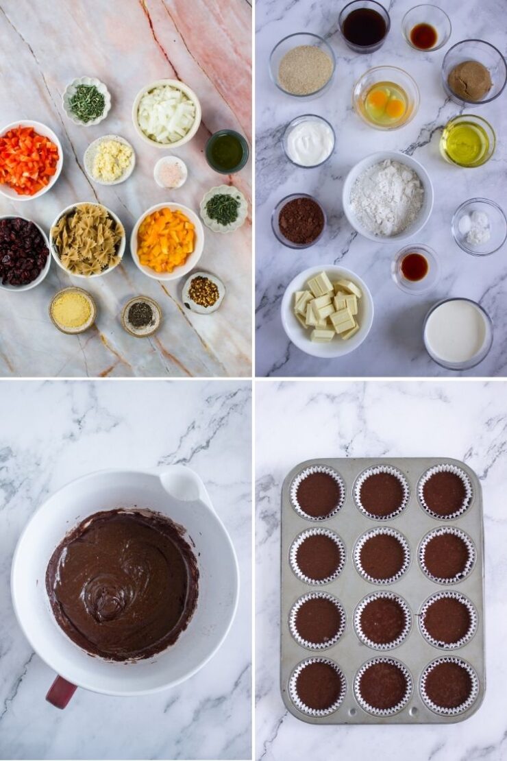 Four images: bowls of chopped vegetables and seasonings; measured baking ingredients in small bowls; a mixing bowl with chocolate batter; a muffin tin filled with cupcake liners and batter, ready for baking.