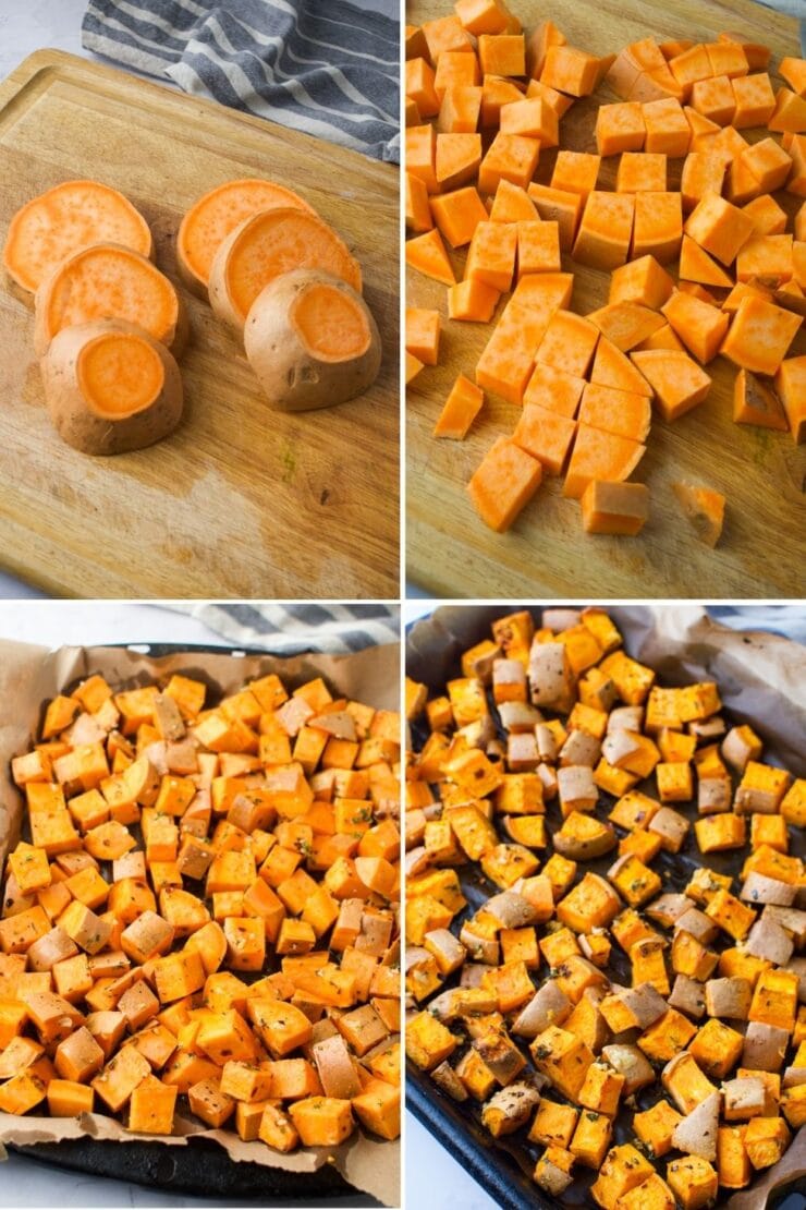 Four images show roasted sweet potatoes: whole and sliced, diced, seasoned on a baking tray, and roasted golden brown on the tray.