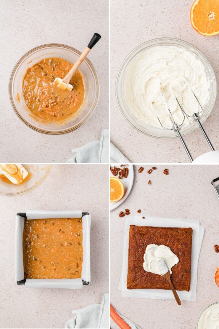Four-step collage: mixing carrot cake batter, beating cream cheese frosting, batter in a lined square pan, then baked cake being frosted with a spatula. Oranges, pecans, and carrots are visible around the workspace.