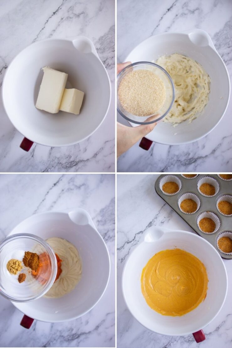 Four-step collage: Cream cheese and butter in a white bowl; creamed mixture with sugar about to be added; spices and pumpkin being poured in; smooth orange batter. Cupcake liners in a muffin tin are ready to be filled.