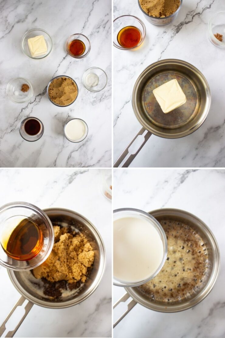 A four-panel collage showing the process of making caramel sauce, beginning with measured ingredients, followed by melting butter in a saucepan, then adding brown sugar and maple syrup, and finally pouring in cream.