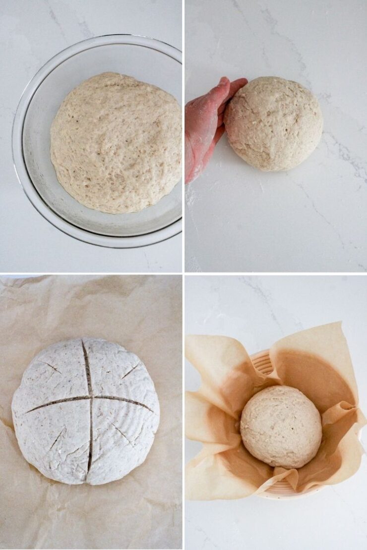 Four images show bread dough at different stages: in a glass bowl, held by a hand, shaped and scored on parchment paper, and resting in a paper-lined basket, all on a white surface.