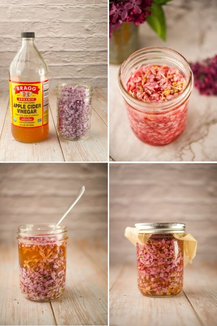 Four photos showing the process of pickling red onions: chopped onions beside apple cider vinegar, onions in a jar with liquid, stirred onions in a jar, and a jar covered with cloth and a lid.