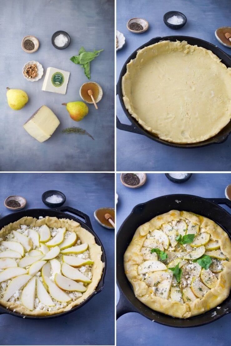 A four-panel image shows: 1) Ingredients for a tart, including pears, cheese, herbs, nuts, and pastry. 2) An empty pastry crust in a skillet. 3) Sliced pears arranged on the crust. 4) The tart, assembled and garnished, ready to bake.