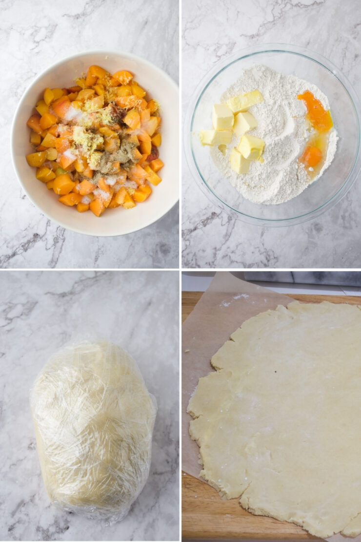 A 4-step collage showing: a bowl of chopped peaches with sugar and spices, a bowl with flour, butter, and an egg, dough wrapped in plastic, and rolled-out pastry dough on parchment paper.