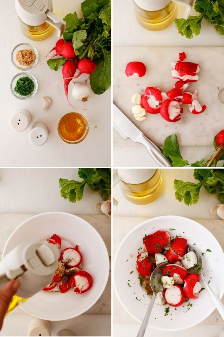 Four images show a step-by-step process of making a radish salad: ingredients laid out, radishes being chopped, ingredients placed in a bowl with dressing being poured, and the salad being mixed with herbs and seasoning.