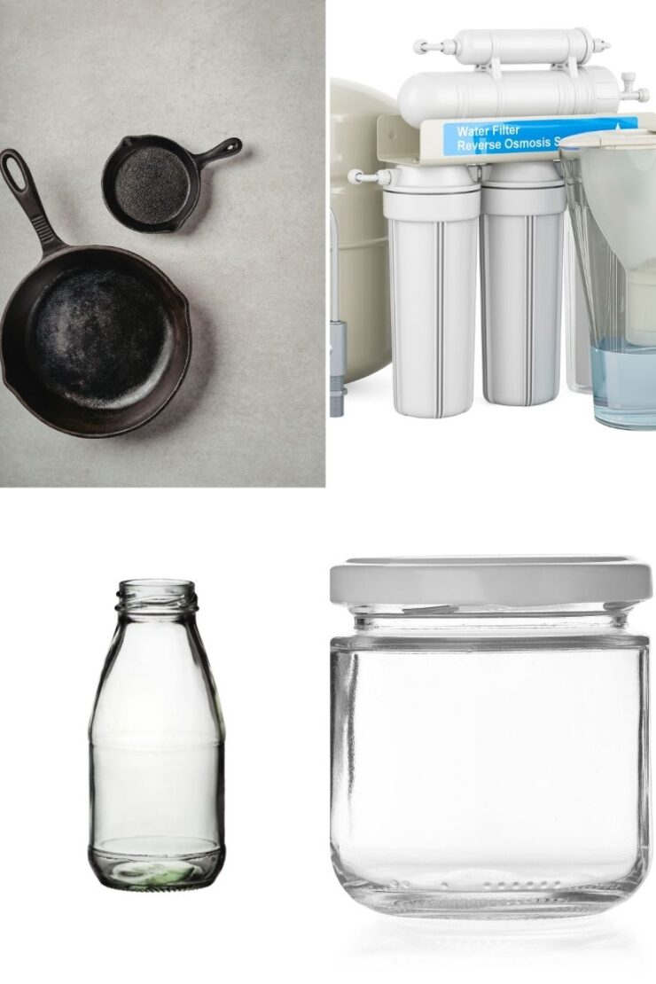 A collage with four images: two cast iron pans, a water filtration system, an empty glass bottle, and a clear glass jar with a white lid, all on light backgrounds.