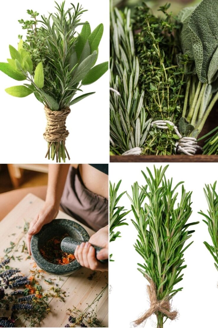 A collage of four images featuring fresh herbs: a bundled mix of herbs, a close-up of mixed herbs, hands grinding herbs in a mortar, and a bunch of rosemary tied with twine.