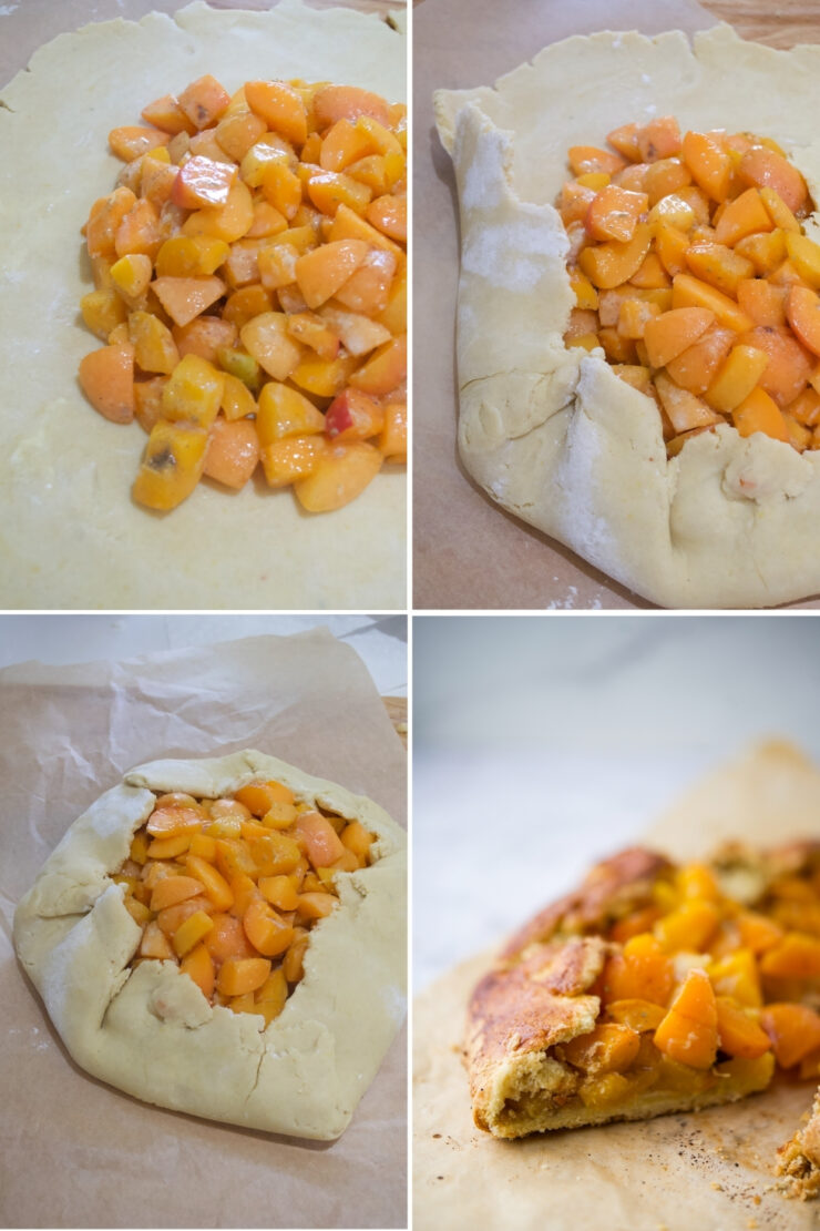 A four-panel photo showing the process of making a peach galette: fresh peach filling on dough, dough edges folded over the filling, the assembled galette before baking, and the baked galette with golden crust and filling.