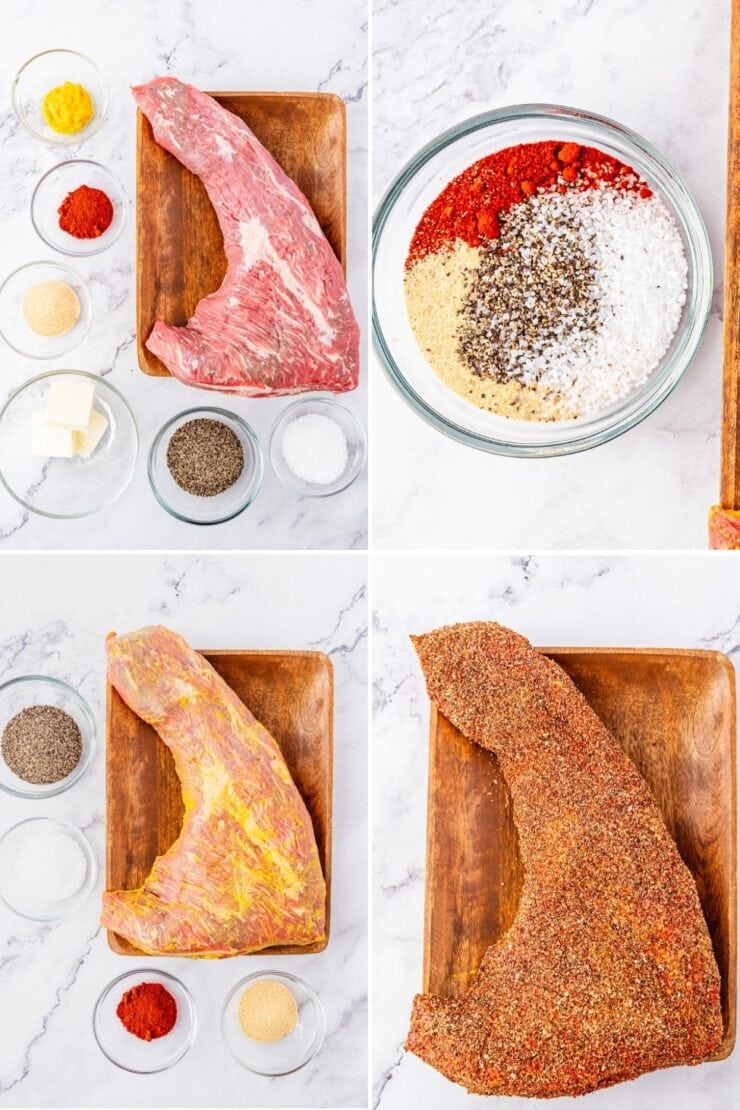 Four images show steps to season a raw beef cut: spices and meat are arranged, mixed in a bowl, rubbed onto the meat, and the coated meat is ready to cook on a marble countertop.