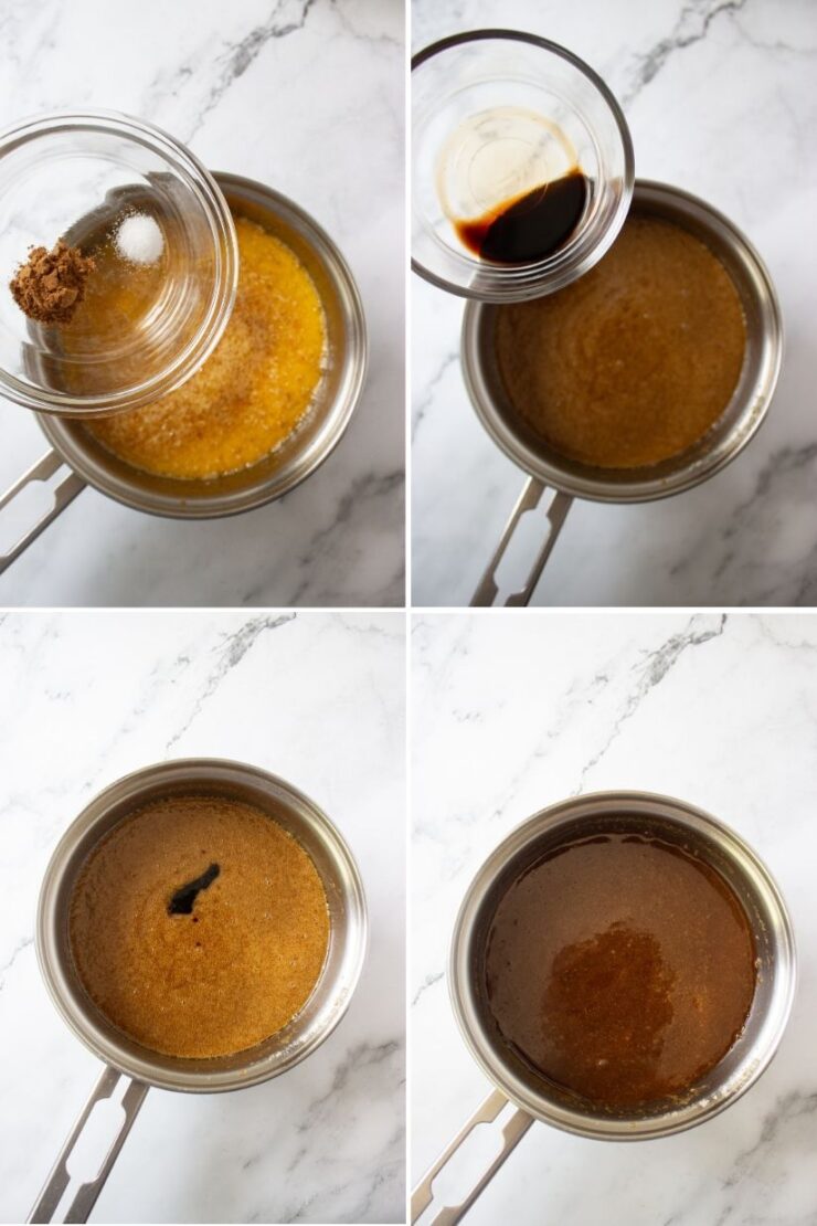 Four overhead process shots of a saucepan on a marble surface: adding dry ingredients, adding liquid extract, stirring in vanilla, and the finished smooth caramel sauce.