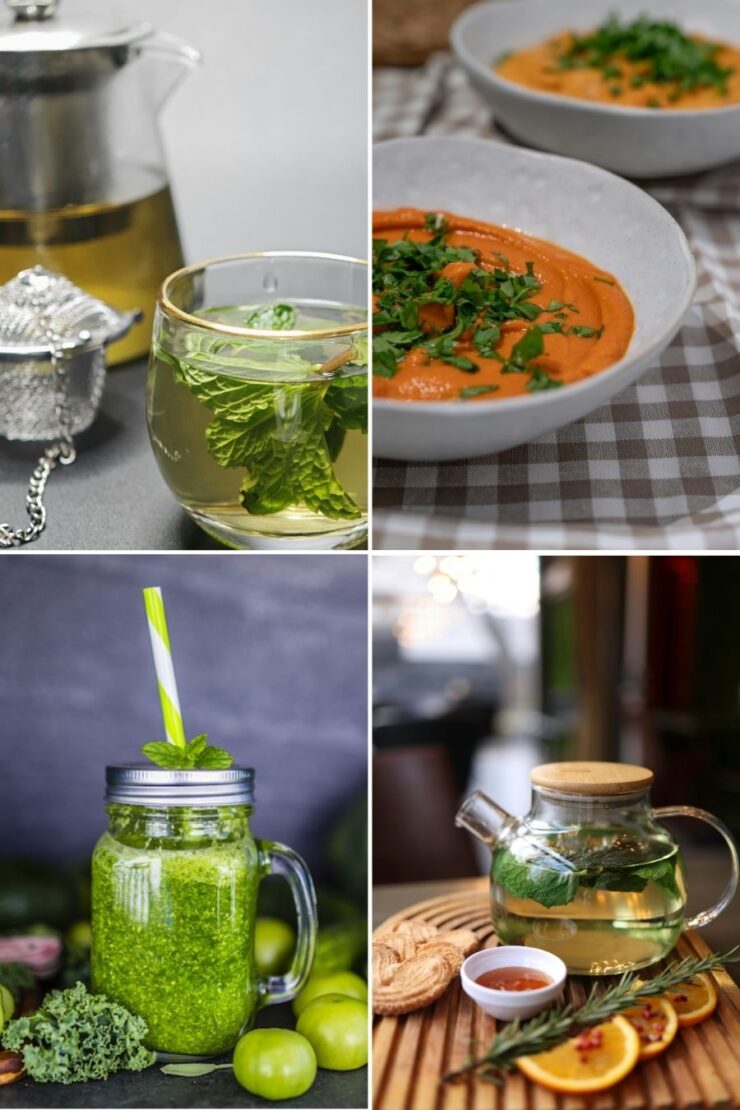 A collage of four images: herbal tea with mint leaves and a tea infuser, tomato soup garnished with herbs, a green smoothie with a straw beside green fruit, and a pot of herbal tea with citrus slices and rosemary.