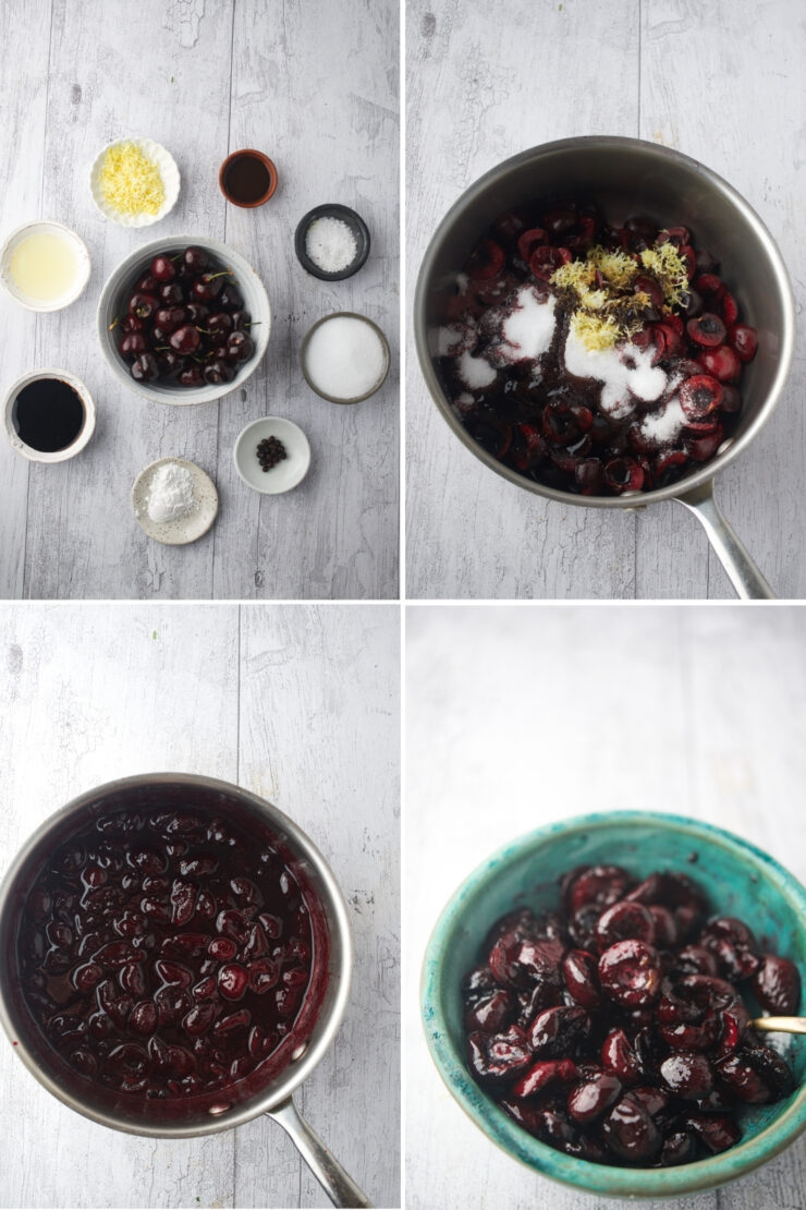 A step-by-step collage for making cherry compote: ingredients in small bowls, ingredients added to cherries in a pot, cherries cooked down, and finished compote served in a blue bowl.