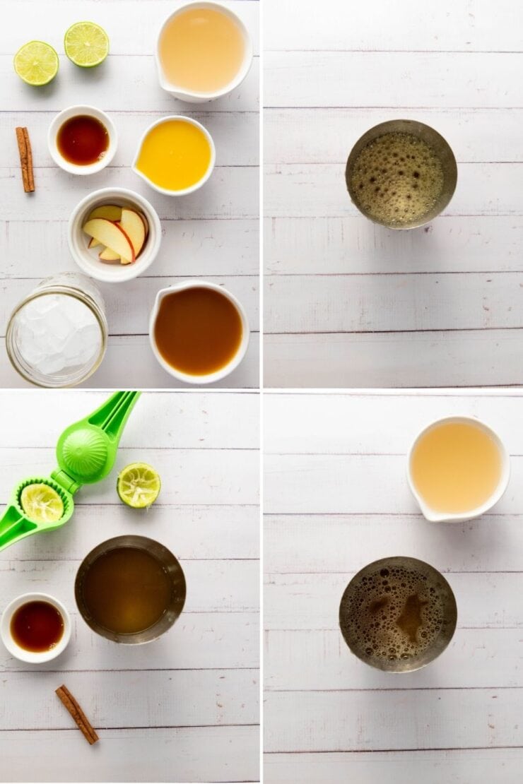 Four panels show ingredients for a drink, including lime, cinnamon, syrup, apple slices, juice, and ice, followed by mixing steps with a shaker and juicer, ending with the finished drink in a glass.