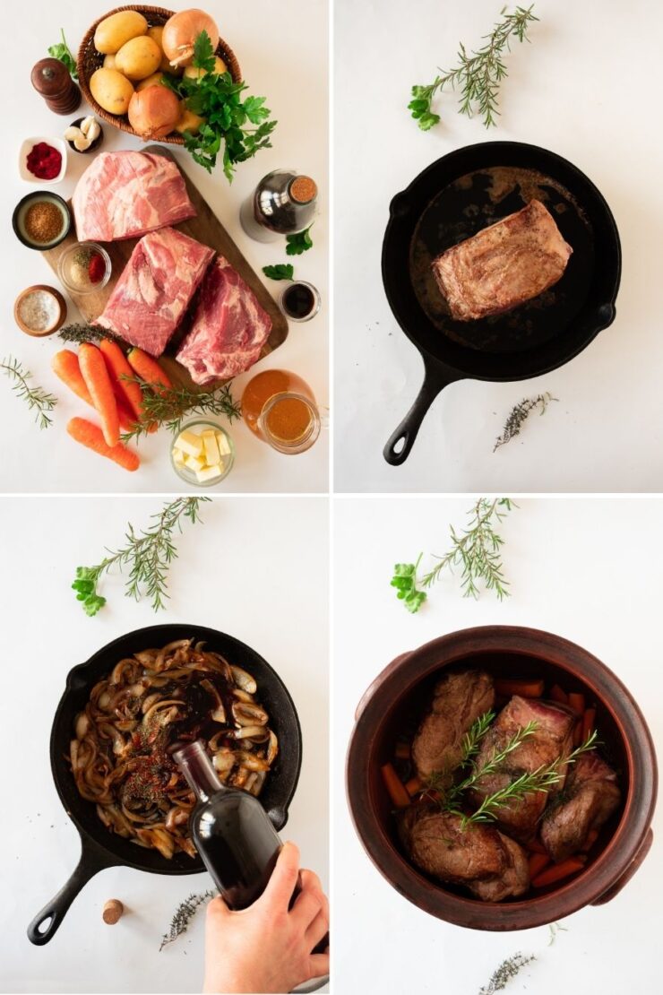 A four-panel collage showing the process of cooking a roast: raw ingredients including meat and vegetables, searing the meat in a cast iron skillet, deglazing the skillet with wine and onions, and placing the meat and vegetables in a roasting pot.