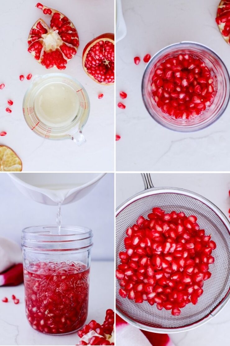 A step-by-step collage shows extracting pomegranate seeds: a cut pomegranate and juice, seeds in a jar, water being poured over seeds, and seeds drained in a mesh strainer on a white surface.