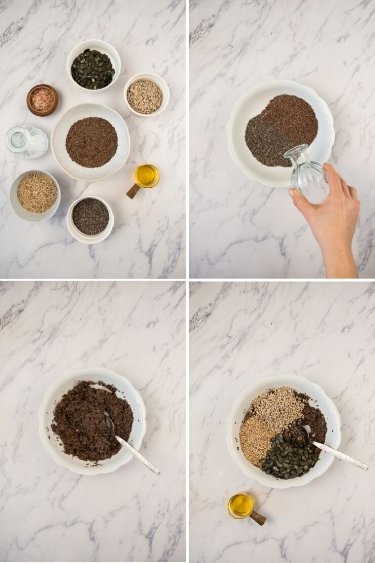 Four images showing the process of making seed crackers: bowls of seeds and oil, water being poured into seeds, mixed seeds in a bowl with a spoon, and seeds combined in a bowl ready to mix. All on a marble surface.