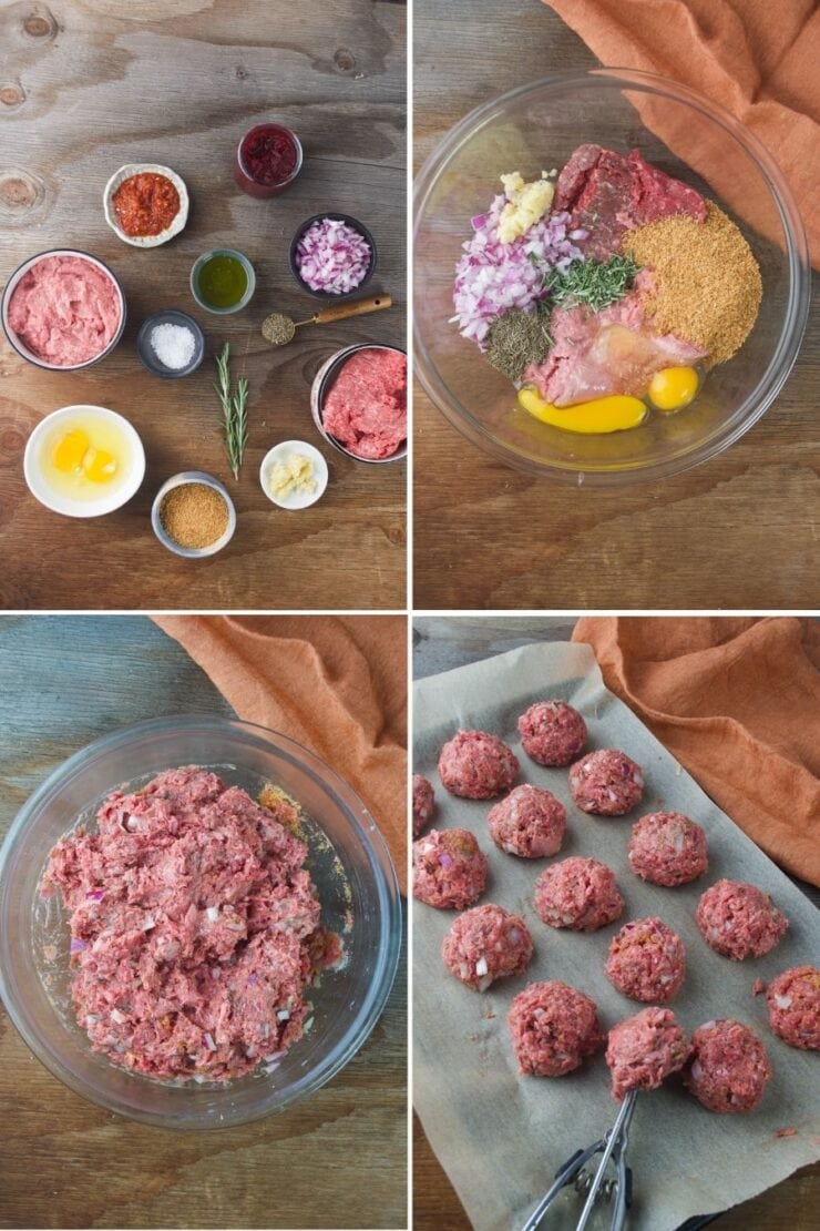 Four images showing steps to make meatballs: ingredients in bowls; ingredients combined in a mixing bowl; raw meat mixture; and formed raw meatballs on a baking tray lined with parchment paper.