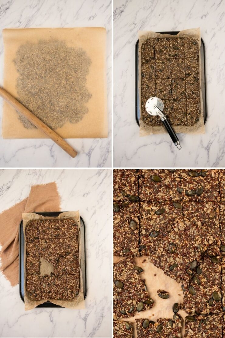 Four images show the process of making seed crackers: rolling out dough on parchment, scoring baked crackers with a pizza cutter, a pan of baked crackers, and a close-up showing cracker texture and seeds.