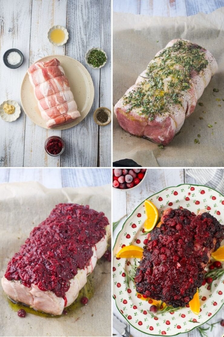 Four-panel image showing the preparation of a pork roast: raw tied pork with seasonings, pork coated with herbs, pork covered with cranberry sauce, and the finished roast garnished with cranberries and orange slices.