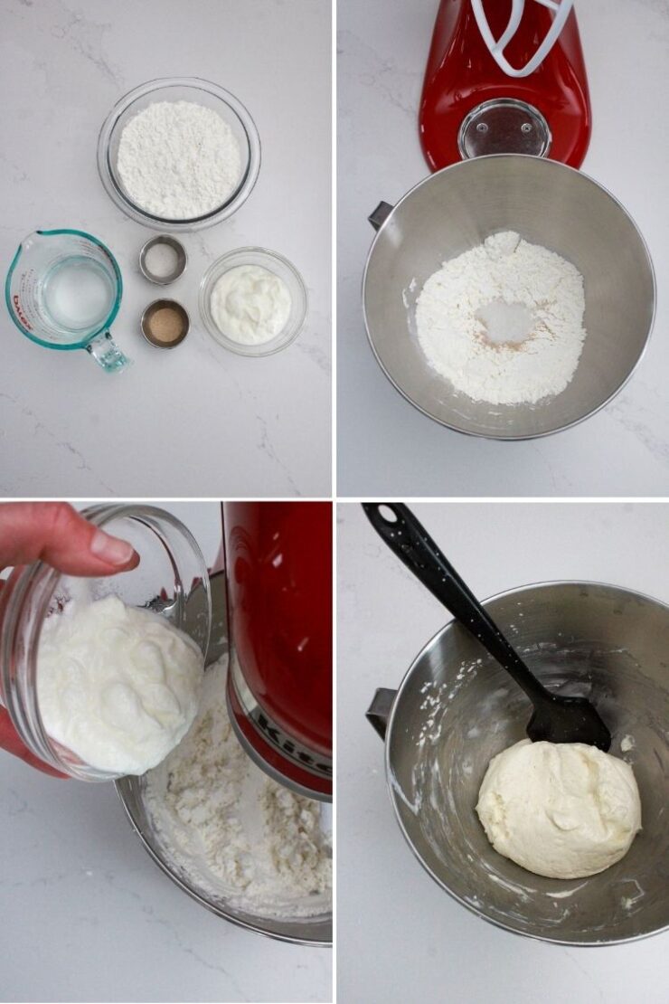 Four images show step-by-step preparation of dough: ingredients (flour, water, salt, yeast, yogurt) on a counter, flour in a mixing bowl, yogurt being added, and the resulting mixed dough with a spatula.