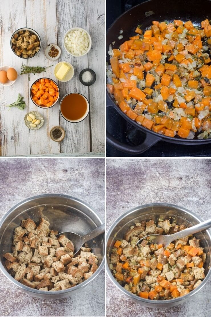 A four-panel collage shows: 1) ingredients for stuffing (bread, squash, onions, eggs, herbs, broth, garlic, butter) on a table; 2) cubed squash and onions saut&eacute;ing in a skillet; 3) bread cubes in a bowl; 4) bread mixed with cooked squash and onions.