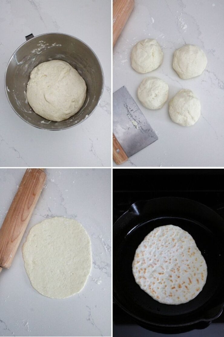 Four images show steps of making flatbread: dough in a metal bowl, dough divided into four balls, one ball rolled flat with a rolling pin, and a flatbread cooking in a black skillet.